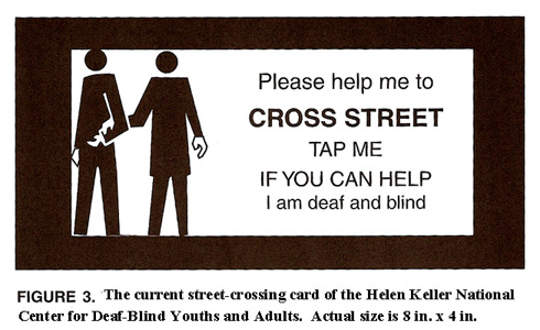 Figure 3. The current street-crossing card of the Helen Keller National Center for Deaf-Blind Youths and Adults. Actual size is 8 in. x 4 in.
  The card has a drawing of one person guiding another, and says: 'Please help me to -- CROSS STREET -- TAP ME -- IF YOU CAN HELP -- I am deaf and blind.'