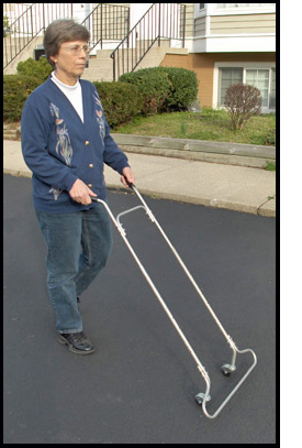 Photo shows Dona walking with an AMD.  It has two vertical 4-foot metal rods, each with a handle at the top and a wheel at the bottom.  The rods are connected and held about a foot apart with a horizontal bars near the top and at the bottom (the horizontal bar at the bottom extends a few inches beyond the long vertical rods and curves back to the rods).