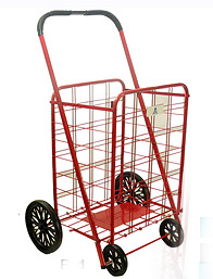 photo shows a metal lightweight metal grocery cart.  The rectangular frame has two large weels and a perpendicular metal shelf at the bottom.