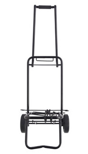 photo shows a metal luggage carrier.  It has a rectangular metal frame with two weels at the bottom and a grip handle across the top bar.  