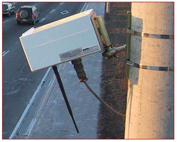 Photo shows a rectangular metal box suspended from a pole and aimed toward the street.
