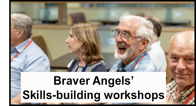 'Braver Angels: skills-building workshop' shows a group of people sitting together and laughing.