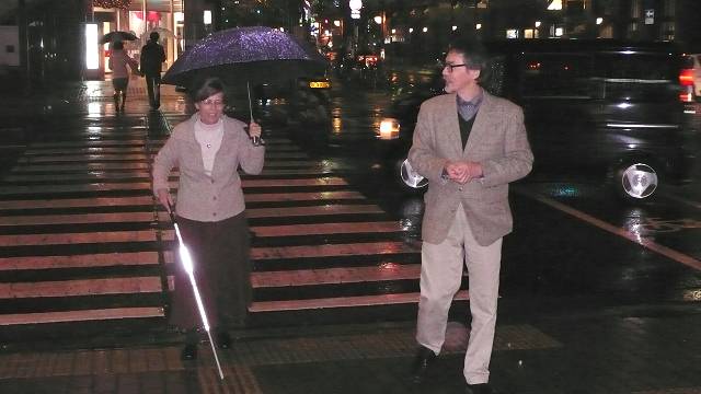 Photo shows the same crosswalk, but Dona is returning and walking toward us, with Dr. Tauchi near her.