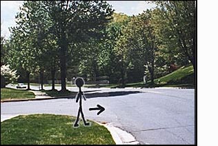 The figure/person on the corner faces a two-lane residential street.  To the left of the figure (west) the street is lined with tall trees and gently curves to the left, where it disappears about a block away.
