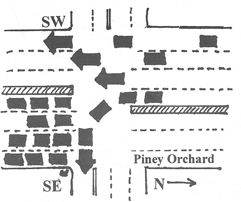 Drawing shows Piney Orchard going left to right (north to south) and the pedestrian is standing on the bottom left (SE) corner.  Traffic coming from the right (north) on Piney Orchard is going straight to the left (south) and also turning left and passing next to the pedestrian.  Traffic in front of the pedestrian on Piney Orchard is stopped and waiting while the opposing traffic turns left.