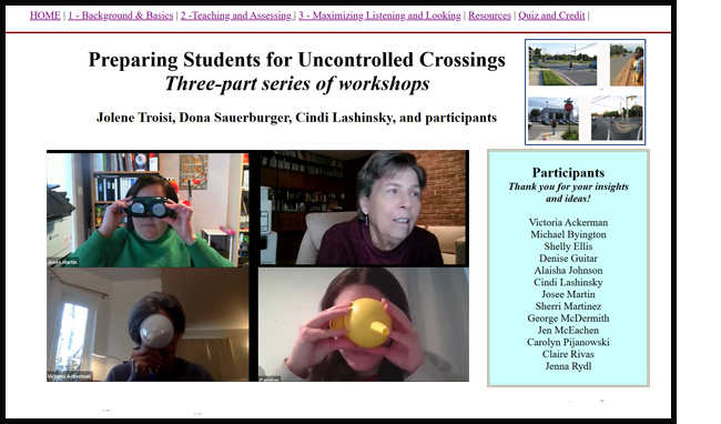 Picture shows the website for 'Preparing Visually Impaired Students for Uncontrolled Crossings' by Dona Sauerburger, Jolene Troisi and Cindi Lashinski.  In the middle of the website is inserted a screenshot Dona with 3 participants each looking through a vision simulator or a funnel).