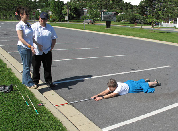 Photo shows Dona lying on the ground where one of the canes is marking a lane, while Paul and Jomania watch.