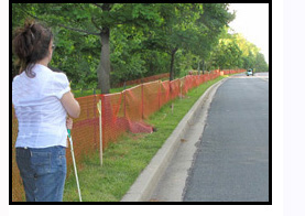 photo shows a woman standing at the curb and looking to her left.  There is a car barely visible approaching from a distance.
