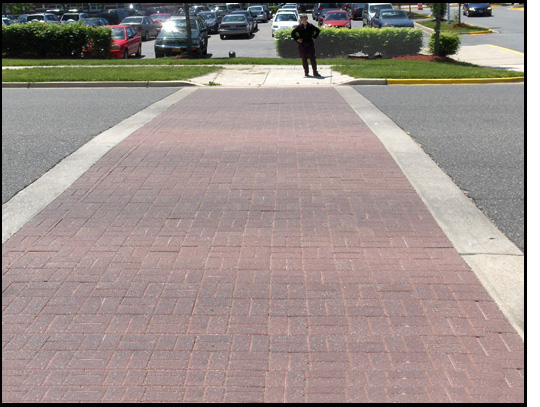 Photo shows a 4-lane brick crosswalk, Dona is standing on the sidewalk with a parking lot behind her.